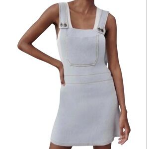 Zara Ribbed Knit Bib Overall Silver Light Blue Gray Mini Dress Jumper Sz S NEW